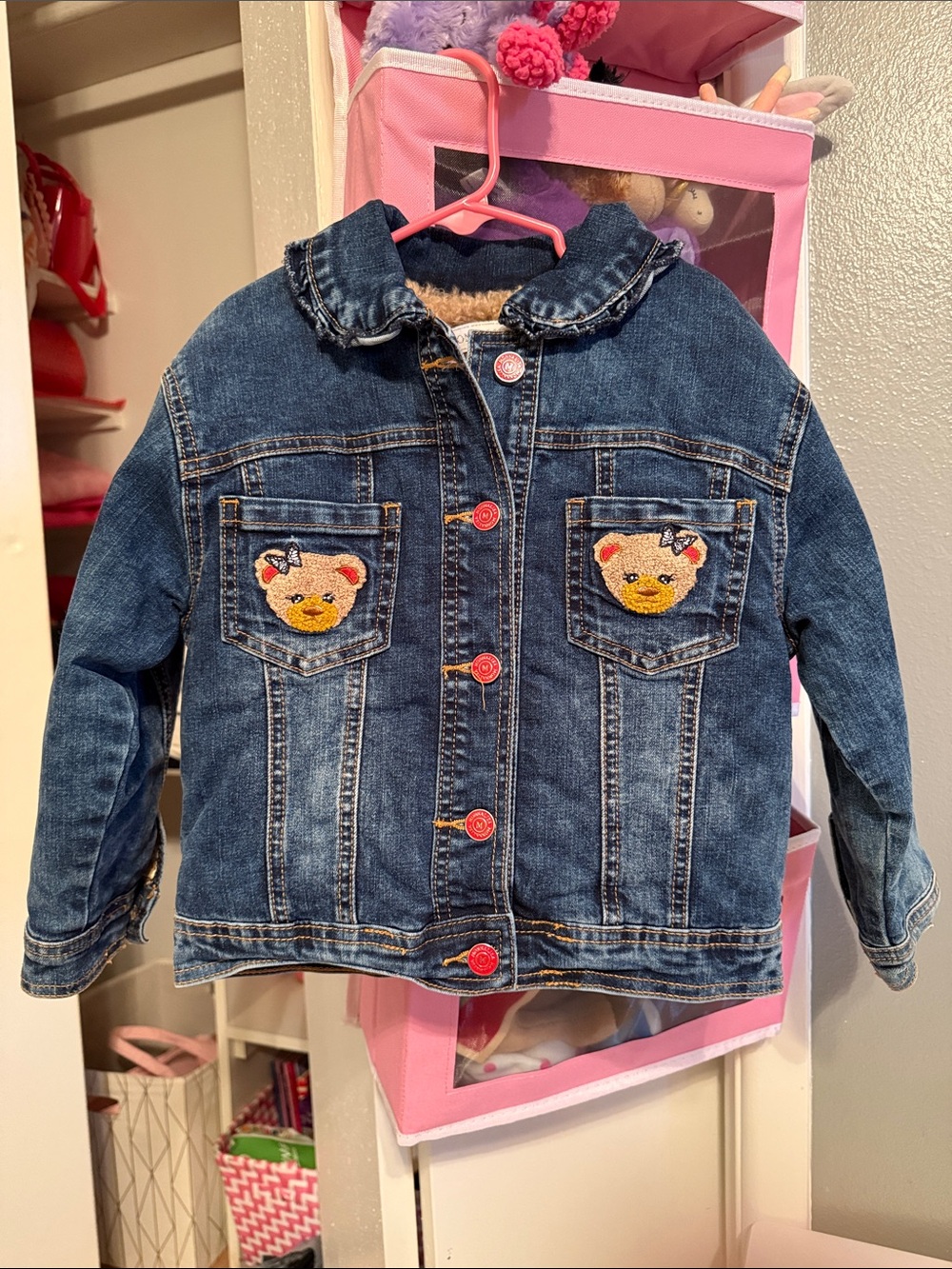 MonnaLisa Dark Blue Denim Jacket with Pink Buttons and Teddy Patches